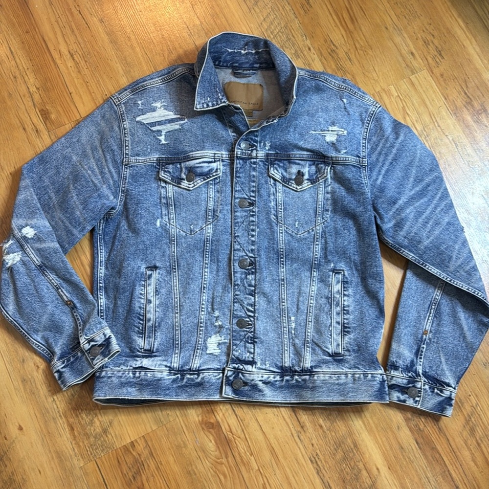 American Eagle Denim Jean Jacket Flex Distressed Sz L Mens